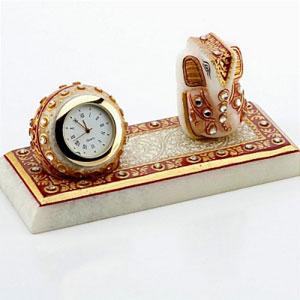 Marble Ganesh With Watch For Table In Lohit