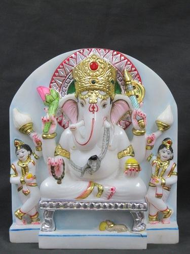  Marble Lord Ganesh With Ridhi Sidhi Statue In Lohit